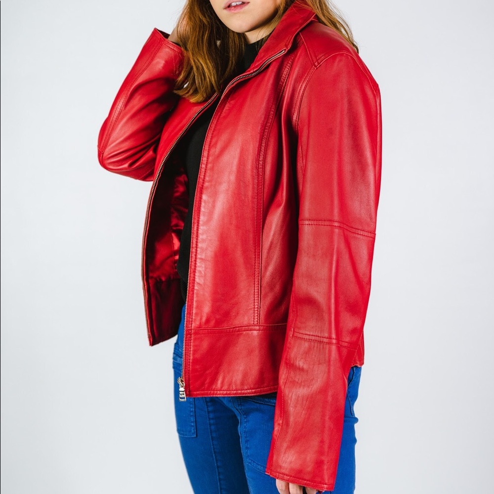 ANDREW MARC NEW YORK RED LEATHER ZIP UP JACKET
